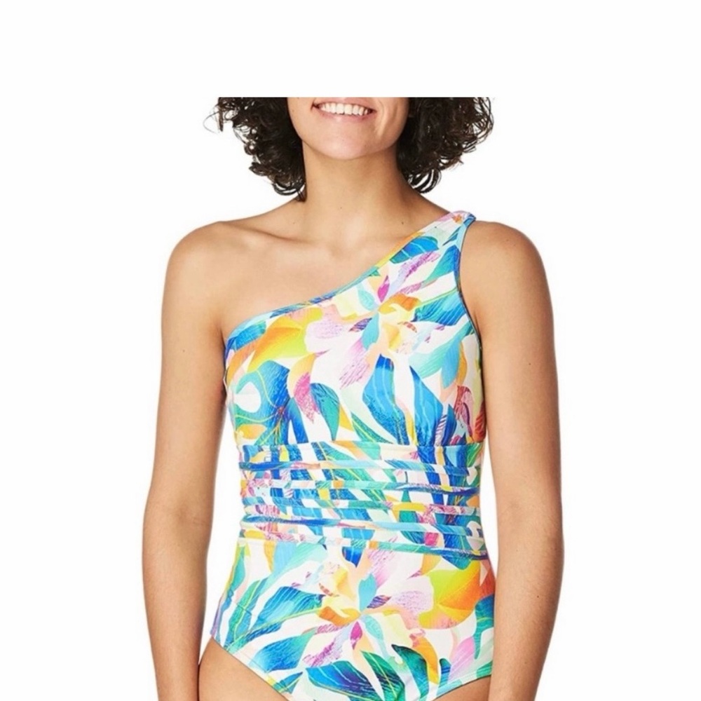 LA BLANCA One-Shoulder Multicolor Floral Swim Suit